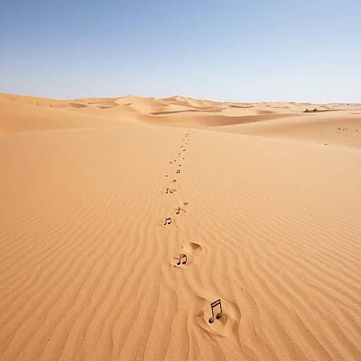 Photograph of endless, sunlit desert with rippled sand, footprints leading to a small chair and music stand in the center.