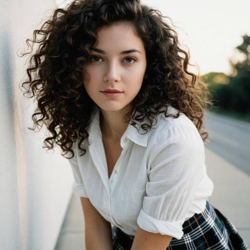 Young Woman with Curly Hair in Plaid Skirt