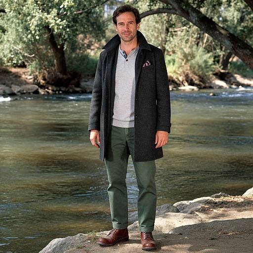 Photograph of a bearded man with dark hair, wearing a black coat, white shirt, green pants, and brown shoes, standing by a serene