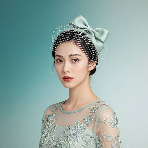 Elegant Woman with Green Veil and Lace Dress