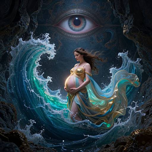 Digital art of a pregnant woman in a golden and blue flowing dress, surrounded by a swirling ocean wave, with a giant eye in the dark background.