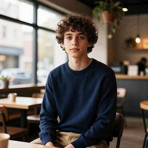 Charming Boy in Modern Cafe Setting