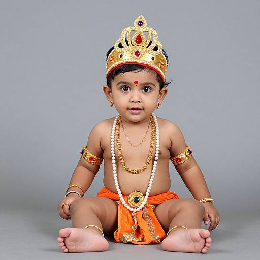 Photograph of a young Indian child sitting, wearing a gold crown with red and blue jewels, orange dhoti, white bead necklace, gold arm
