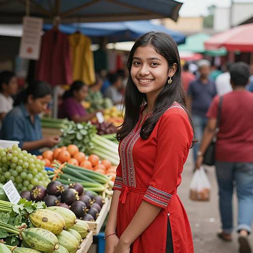 Vibrant Market Scene with Smiling Woman
