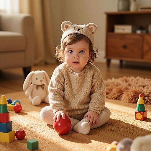 Photograph of a curious baby with blue eyes, wearing a beige bear hat and sweater, sitting on a wooden floor with toys and a stuffed bunny in