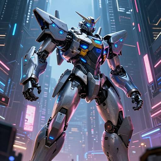 Digital CGI of a towering, silver and blue, futuristic mecha robot with glowing blue lights, standing in a neon-lit, cyberpunk cityscape
