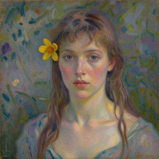 Impressionist-style painting of a young girl with fair skin, brown wavy hair, a yellow flower in her hair, and a neutral expression,