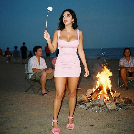 Photograph of a curvy woman with dark hair, wearing a pink mini-dress and pink fluffy slippers, holding a marshmallow stick over a