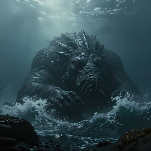 Digital CGI artwork of a massive, dark, rocky monster with sharp spikes emerging from stormy ocean waves, illuminated by underwater sunlight.