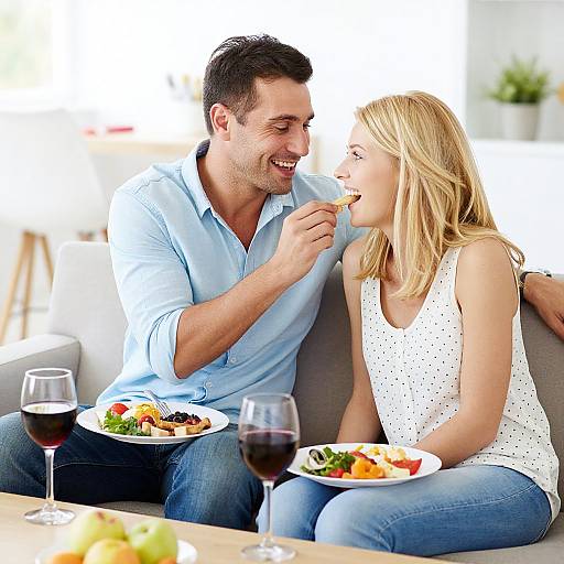 Photograph of a smiling couple sharing a bite while dining on a colorful meal, with glasses of red wine on a table.