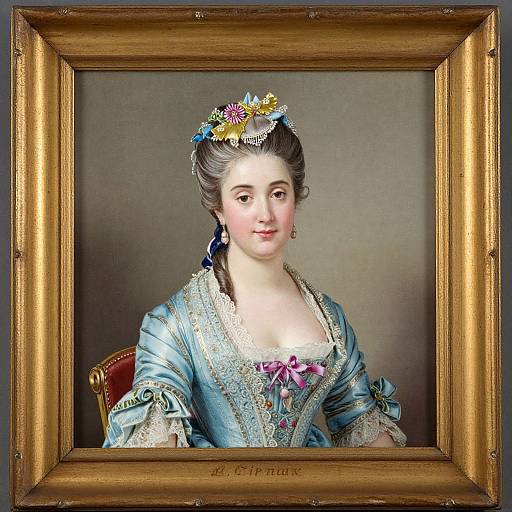 18th-century portrait of a fair-skinned woman in blue satin gown with lace trim, floral headpiece, and pink bow, framed in an orn