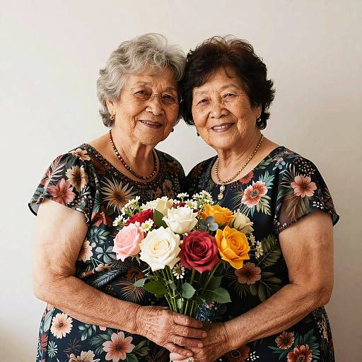 Two Grandmothers Hugging in Floral Dresses