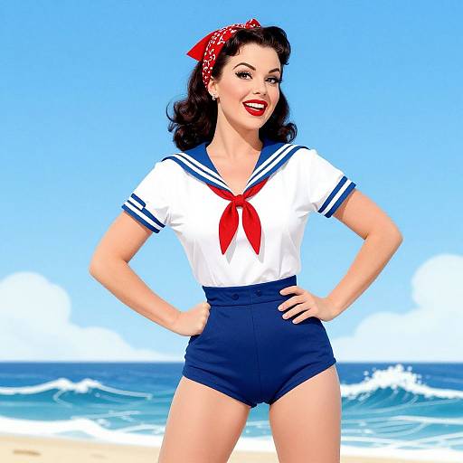 Vintage-style digital illustration of a smiling woman in a white sailor top with red neckerchief, blue shorts, and red headscarf, standing on