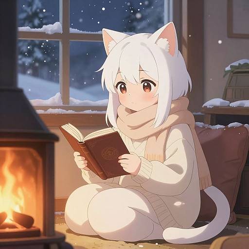 Anime-style drawing of a white-haired, cat-eared girl with red eyes, wearing a cozy white sweater and scarf, reading a book by a lit