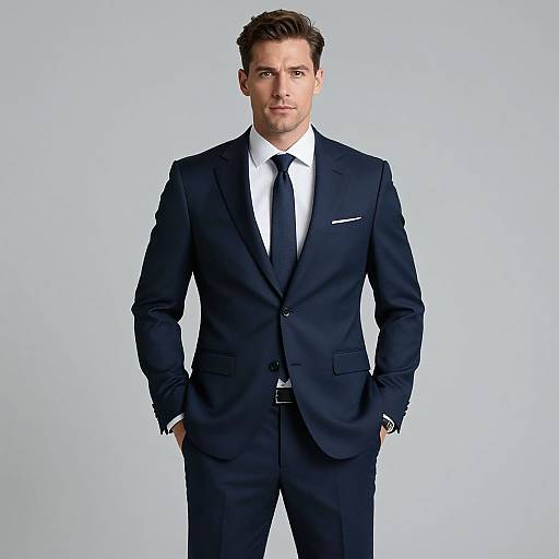 Photograph of a handsome, light-skinned man with short brown hair, wearing a dark blue suit, white shirt, black tie, and white pocket