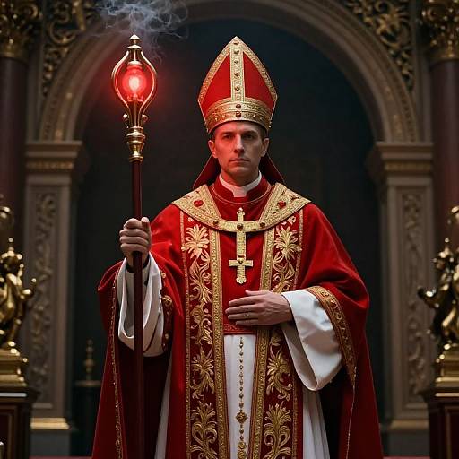 Photograph of a serious male Catholic priest in ornate red and gold robes, holding a glowing red staff, standing in an elaborate, dark cathedral.
