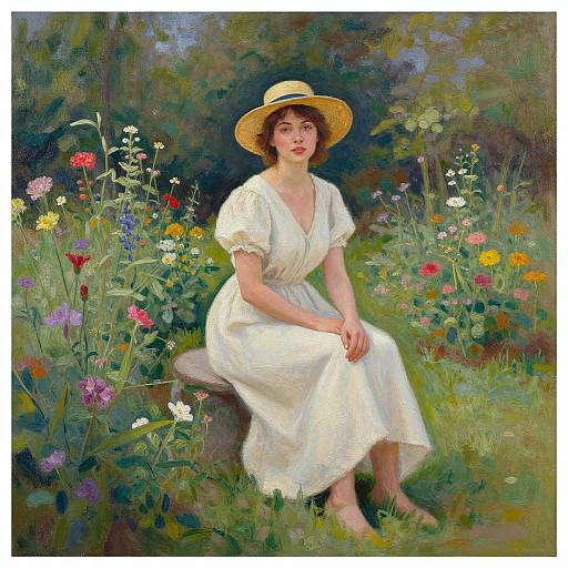 A serene, Impressionist-style painting of a fair-skinned woman in a white dress and straw hat, seated in a vibrant garden with colorful flowers