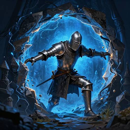 Digital artwork: armored knight with silver helmet and glowing blue energy aura, wielding sword, amidst crumbling stone structure with electric lightning.