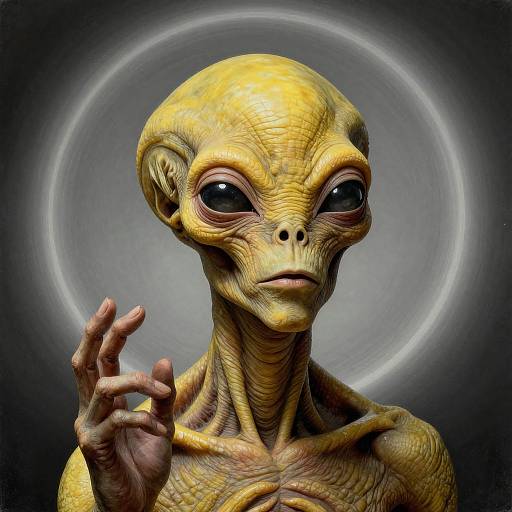 Digital artwork of a yellow-skinned alien with large black eyes and wrinkled skin, raising a finger against a glowing circular background.