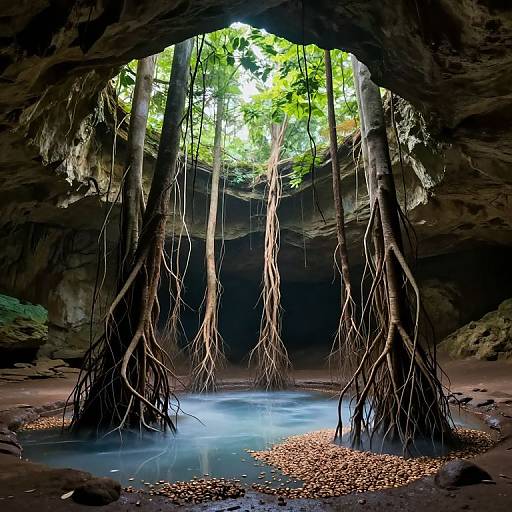 Photograph of a dark, rocky cave with tall, tree roots hanging over a reflective, blue pool, sunlight filtering through green leaves above.