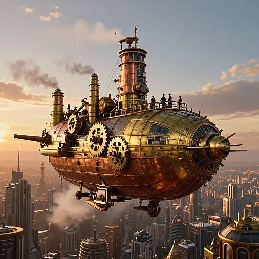 Steampunk Airship Over Mechanical City