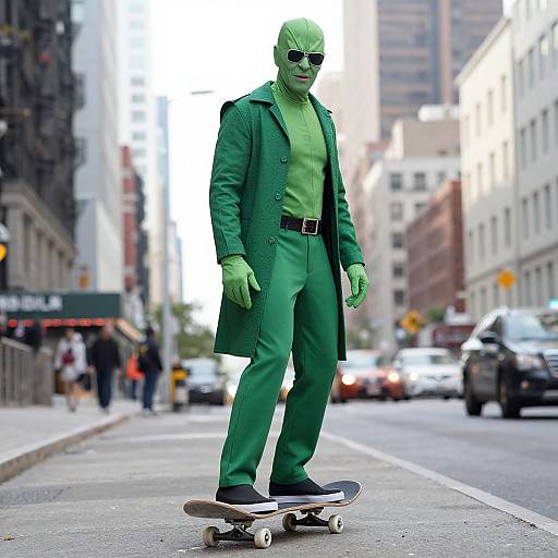 Photograph of a man in full green superhero costume, sunglasses, and long coat, skateboarding down a busy city street.