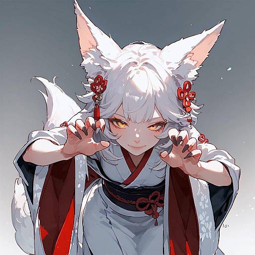 Seductive White Fox Sister in Kimono