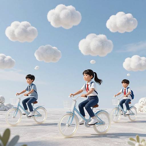 Digital illustration of three Asian children in school uniforms riding white bicycles on a bright, cloud-filled blue sky background.