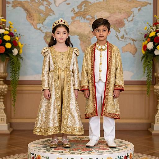 Photorealistic CGI of a young girl and boy in elaborate gold and white traditional attire, standing on a round platform, with a world map and floral