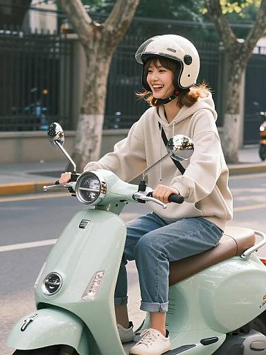 Joyful Woman Cruising Mint Vintage Scooter