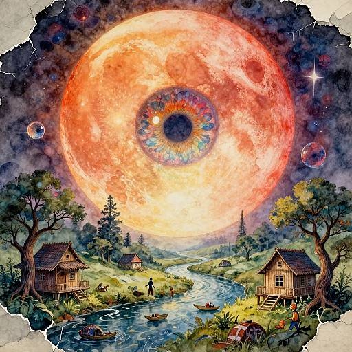 Vivid digital painting of a fantasy landscape with a giant, glowing sun with a colorful, sunspot-like center, surrounded by planets, rustic houses,
