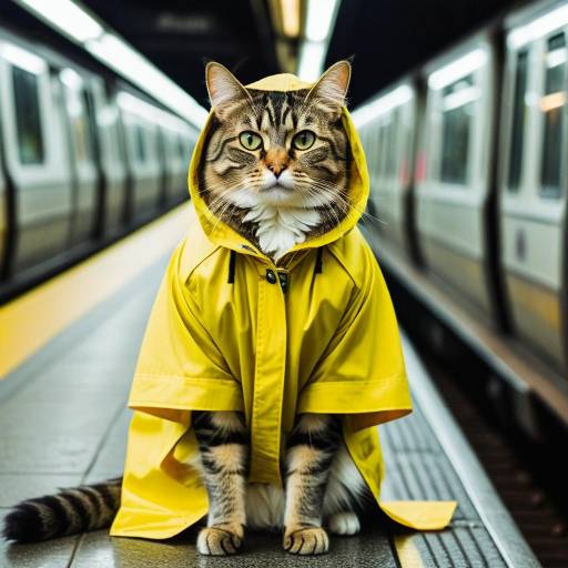 Tabby Cat in Yellow Raincoat on Subway