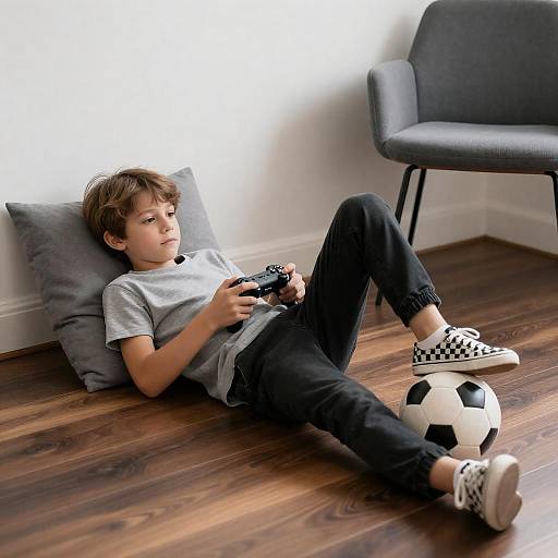 Young Boy Gaming on Dark Floor