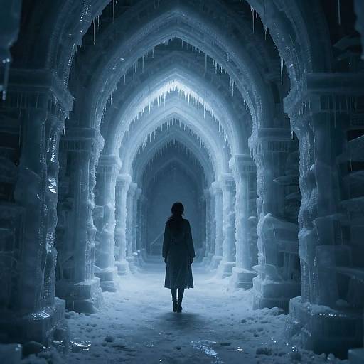 Photograph of a silhouetted figure in a long coat walking through an illuminated, icy, Gothic archway cave, with blue lighting and dripping