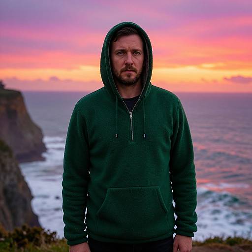 Man on Coastal Cliff at Sunset