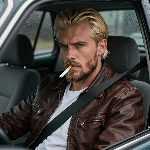 Intense Blonde Man in Dark Car