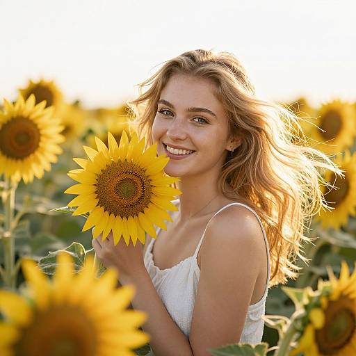 Sunlit Woman in Sunflower Field