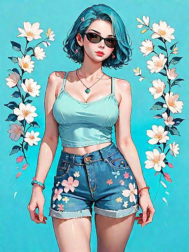 Stylish Woman in Summer Outfit with Floral Shorts