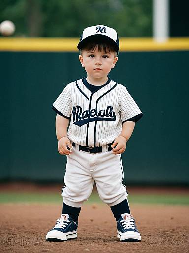 Toddler in Baseball Uniform Standing on Field