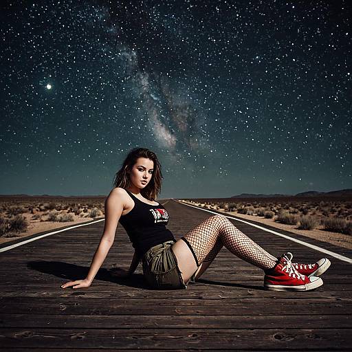 Teen Fashion Pose on Desert Boardwalk at Night