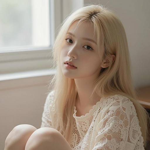 Young Woman with Platinum Blonde Hair by Window