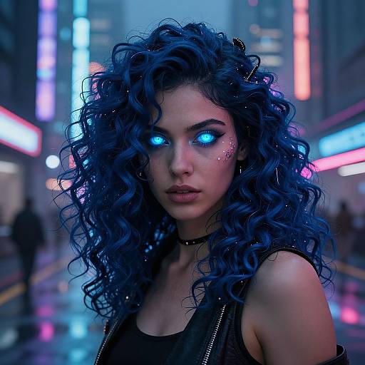 Cyberpunk photograph of a woman with glowing blue eyes, curly dark blue hair, black choker, and neon-lit cityscape background.