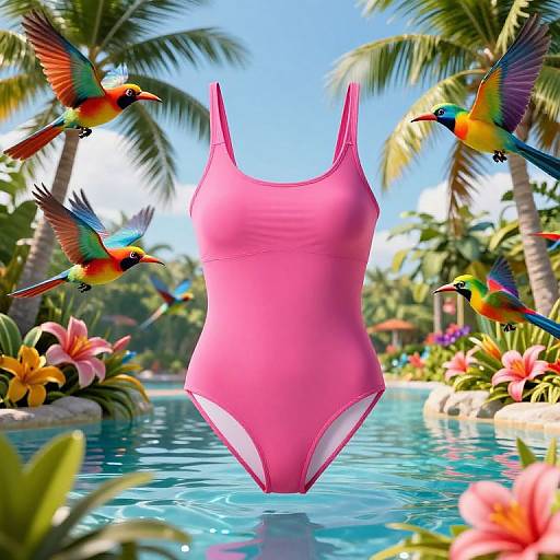 Digital artwork of a pink one-piece swimsuit floating in a tropical pool, surrounded by colorful parrots and lush palm trees.