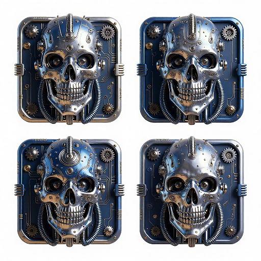 Digital artwork featuring four identical, cybernetic skulls with intricate circuitry and mechanical parts, arranged in a 2x2 grid on a white background