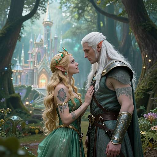 Fantasy forest scene: blonde elf woman with green dress and golden crown gazes lovingly at white-haired, armored elf man, illuminated castle in background