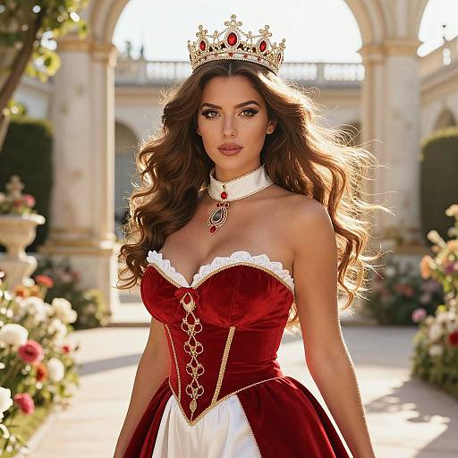 Photograph of a beautiful woman with long brown hair, wearing a red velvet corset dress, white lace trim, gold chain details, and a gold
