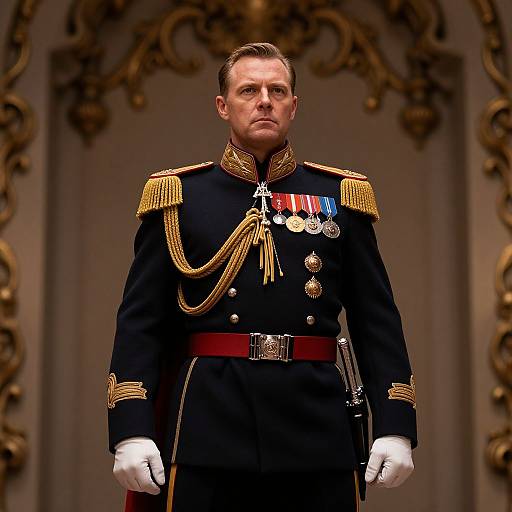 Photograph of a serious, blonde, Caucasian male military officer in a black, gold-embellished uniform with medals, white gloves, and red