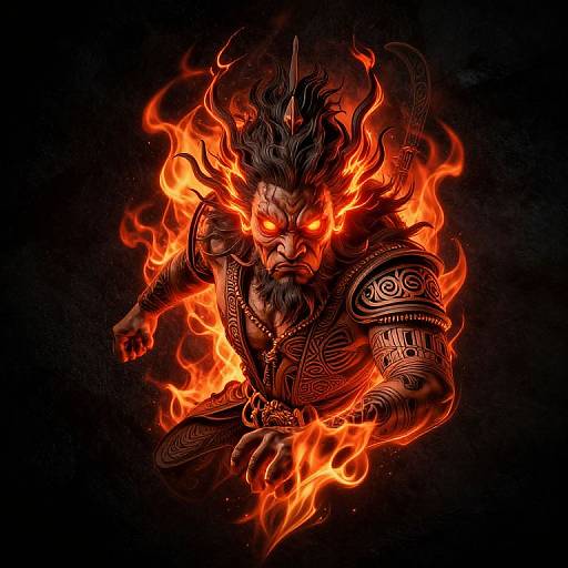 Digital art of a fierce, muscular demon with glowing red eyes, black hair, and intricate armor, surrounded by bright orange flames against a dark background.