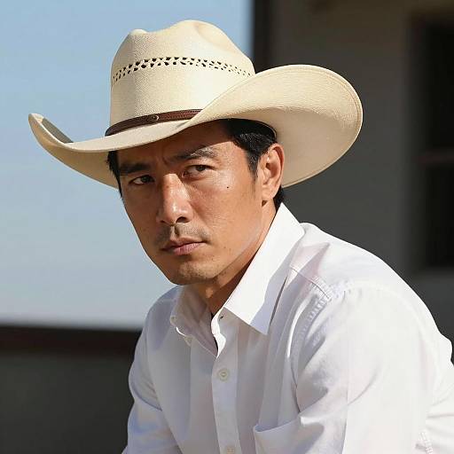 Serious Man Wearing Cowboy Hat and White Shirt