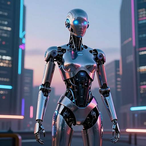 Photorealistic CGI of a sleek, silver and black female humanoid robot with glowing blue eyes in a neon-lit futuristic cityscape at dusk.